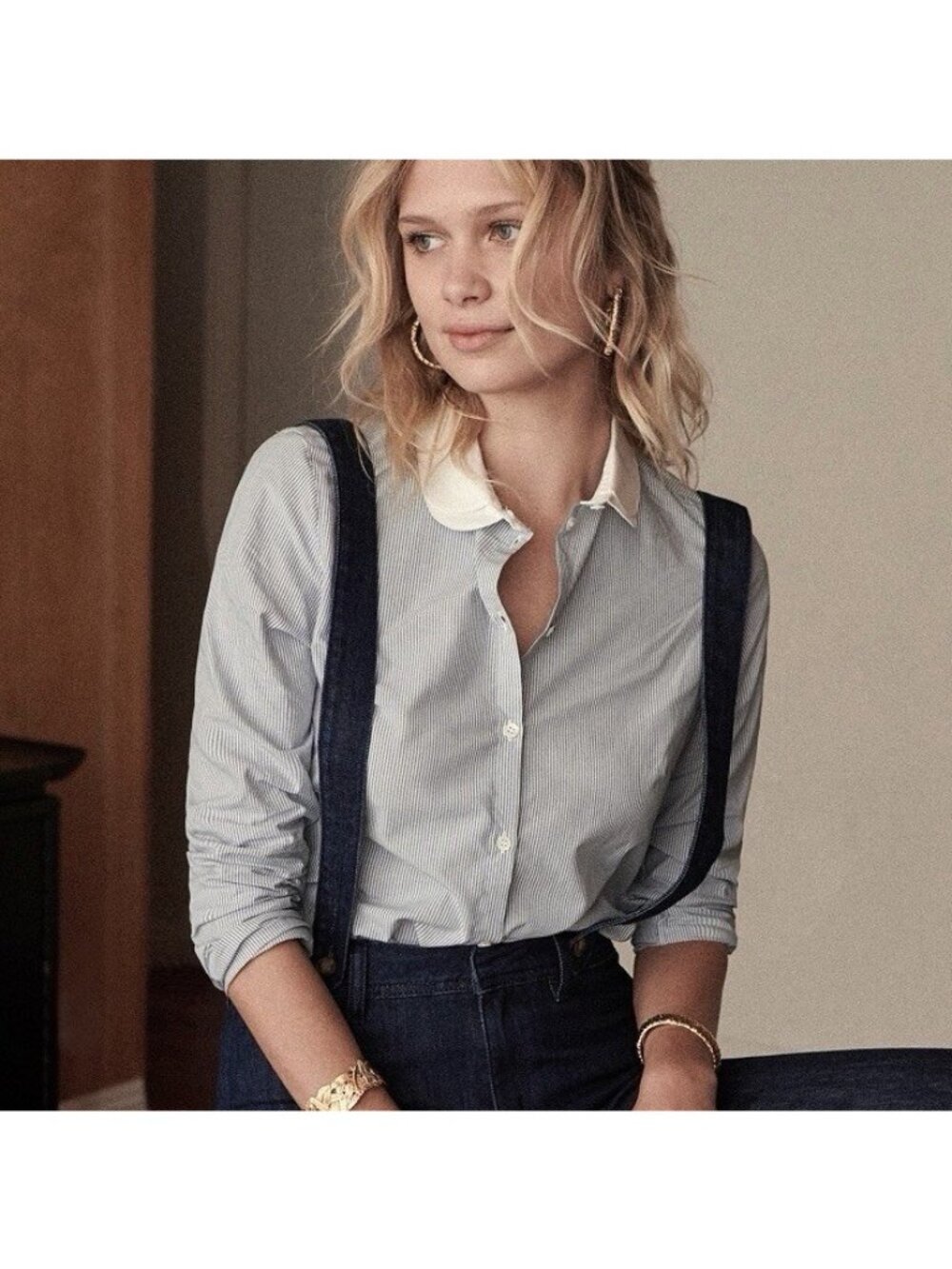 Sezane Pierre Blue White Striped Button Down Cotton Poplin Shirt Women’s 34/US 2